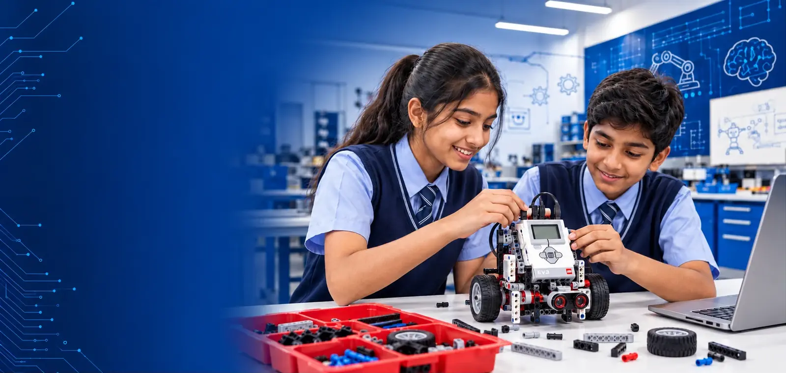 Students building a robot